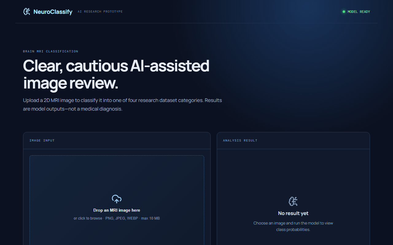 ตัวอย่างหน้าเว็บ NeuroClassify AI